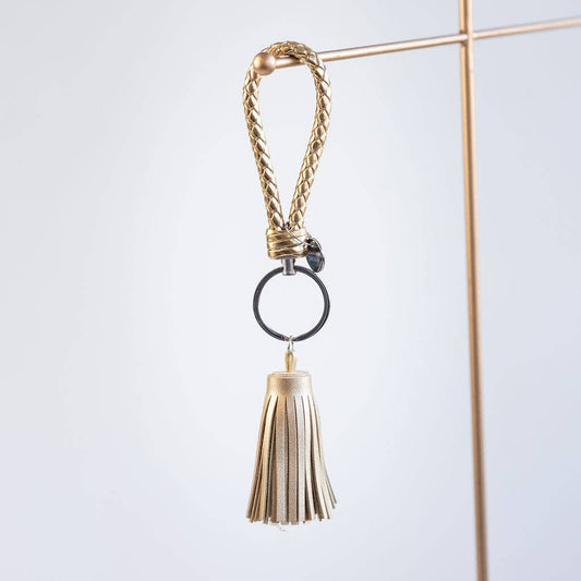 Gold Braided Faux Leather Keychain with Tassel